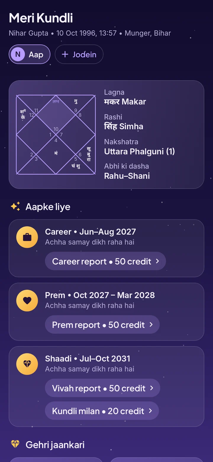 The My Kundli screen with the lagna chart and good periods from the dasha